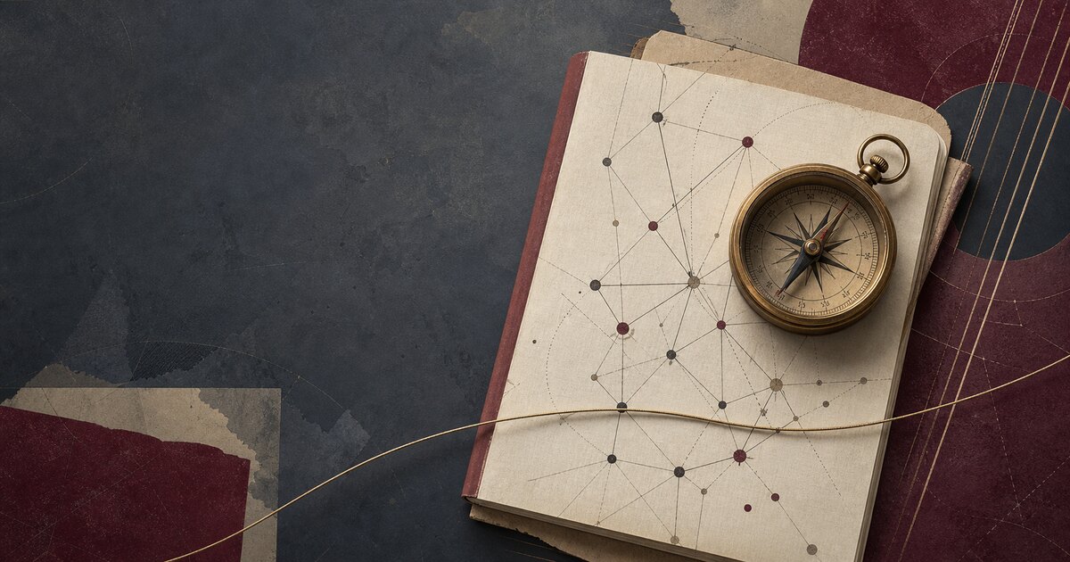 Editorial illustration of a compass beside an open notebook and a connected systems network.